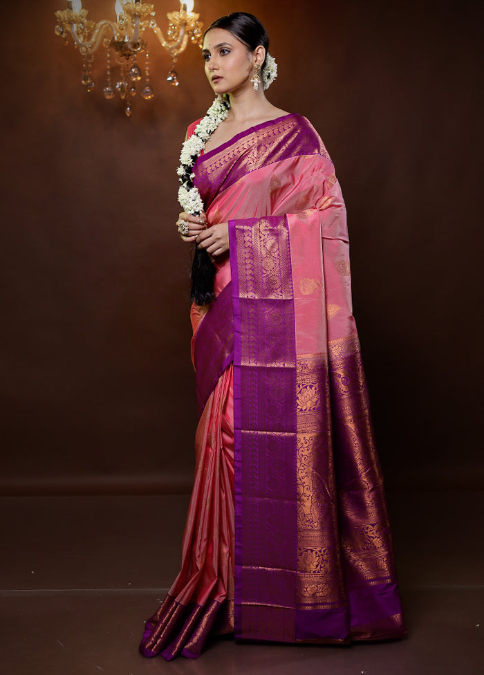 Pink Kanjivaram Silk Saree With Blouse Piece