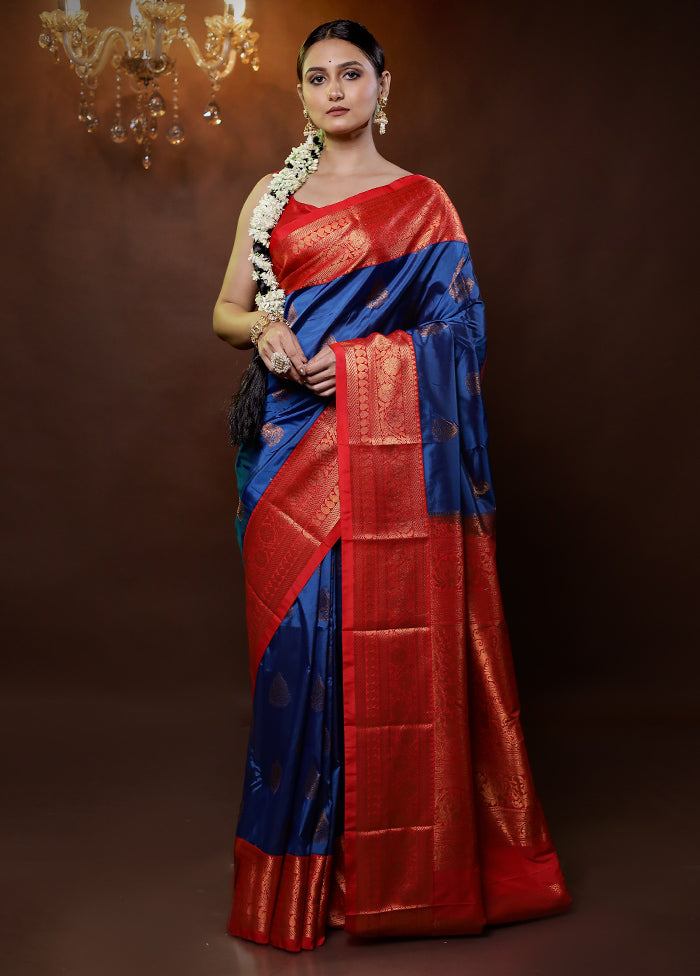 Blue Kanjivaram Silk Saree With Blouse Piece