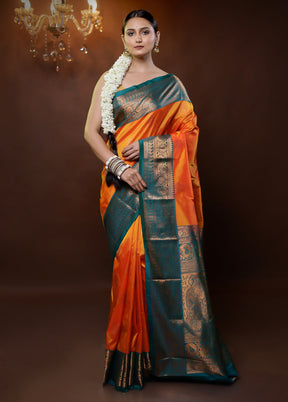 Rust Kanjivaram Silk Saree With Blouse Piece