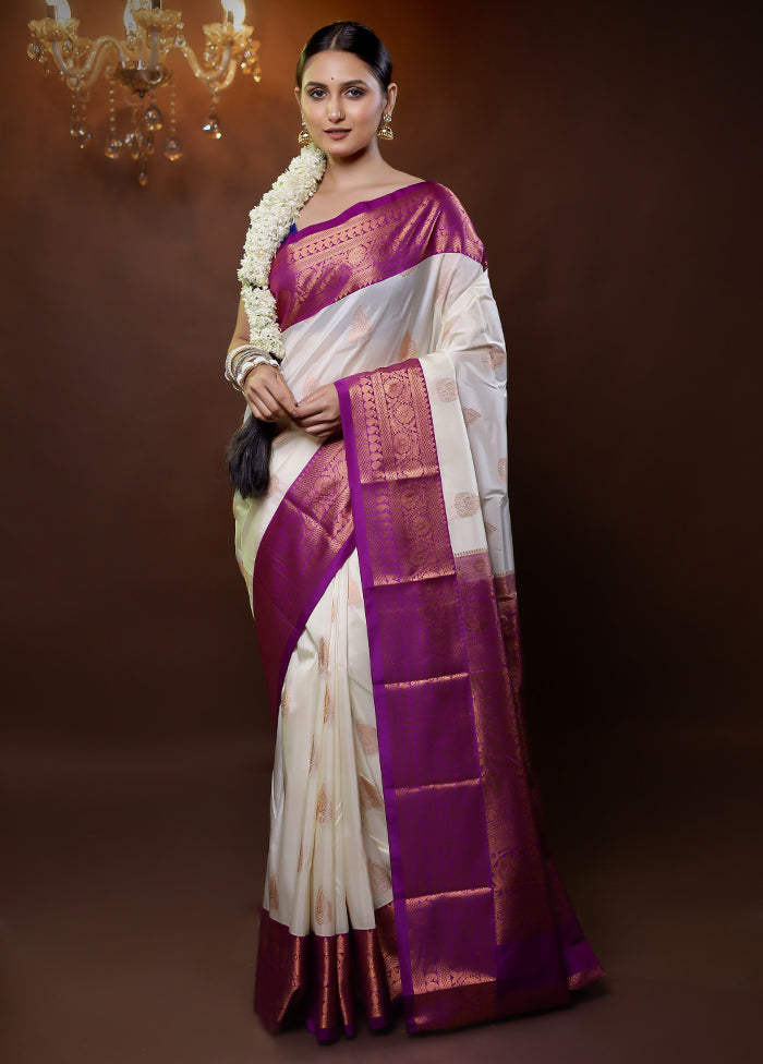 White Kanjivaram Silk Saree With Blouse Piece