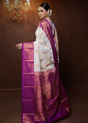 White Kanjivaram Silk Saree With Blouse Piece