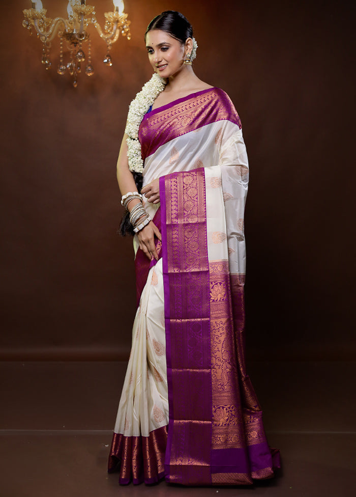 White Kanjivaram Silk Saree With Blouse Piece