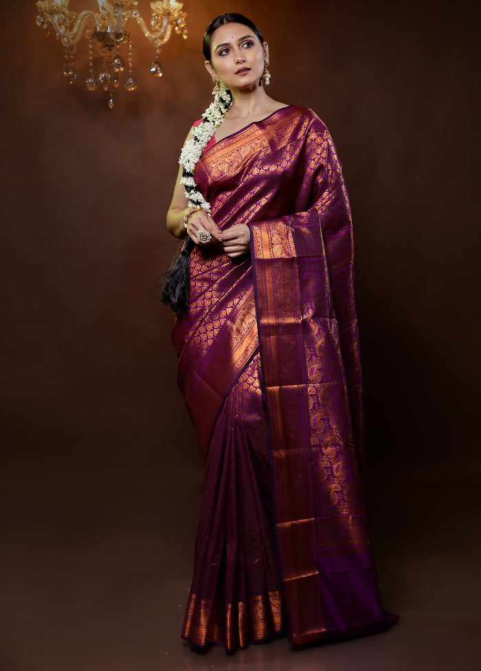 Purple Kanjivaram Silk Saree With Blouse Piece