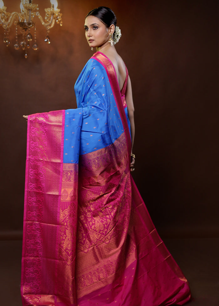 Blue Kanjivaram Silk Saree With Blouse Piece