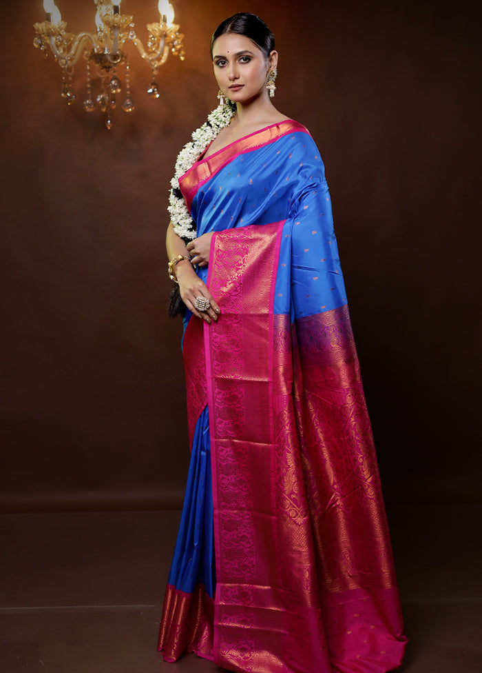 Blue Kanjivaram Silk Saree With Blouse Piece