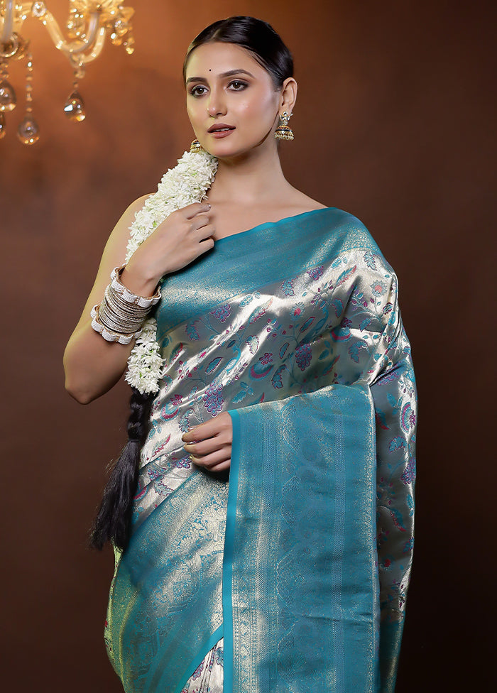 Blue Kanjivaram Silk Saree With Blouse Piece