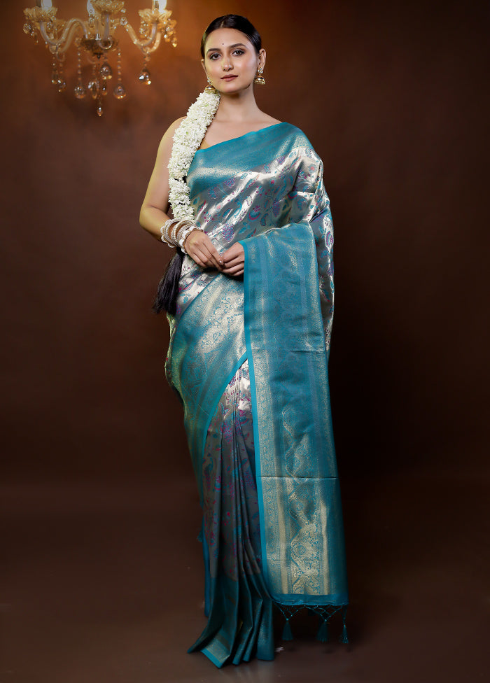 Blue Kanjivaram Silk Saree With Blouse Piece