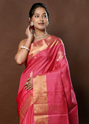 Pink Handloom Kanchipuram Pure Silk Saree With Blouse Piece