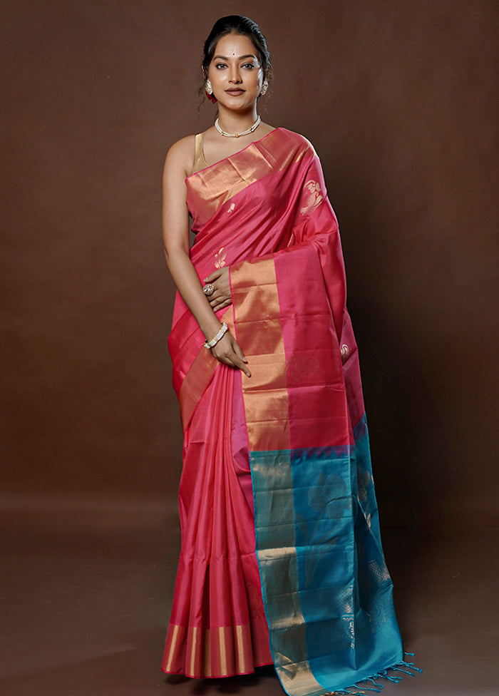 Pink Handloom Kanchipuram Pure Silk Saree With Blouse Piece