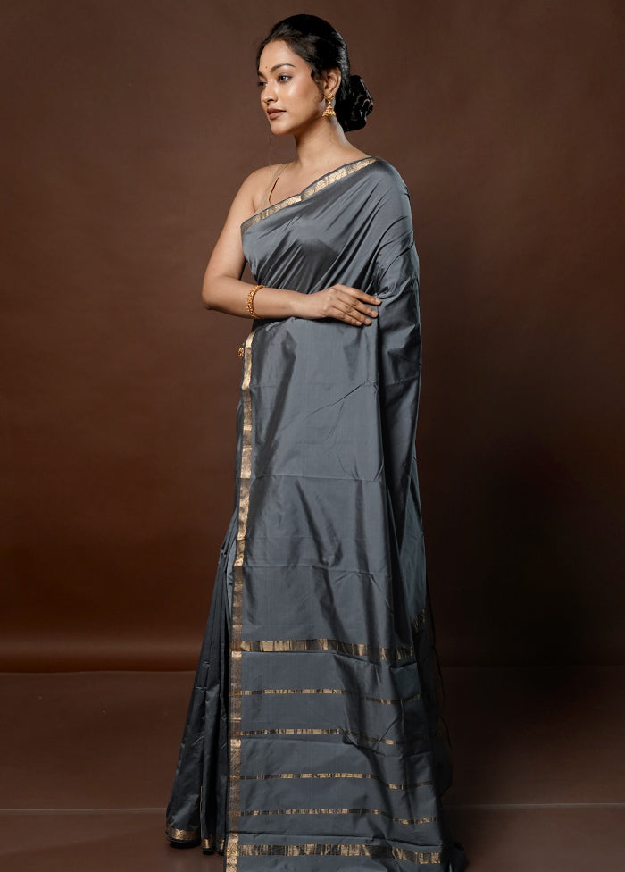 Grey Kanjivaram Silk Saree With Blouse Piece