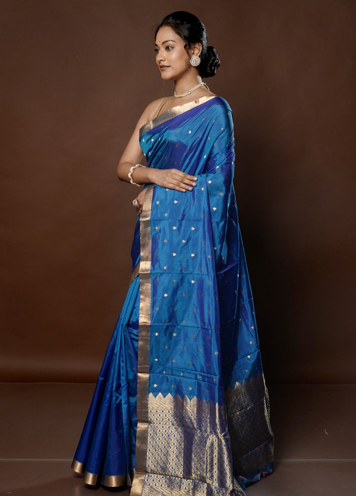 Blue Kanjivaram Silk Saree With Blouse Piece