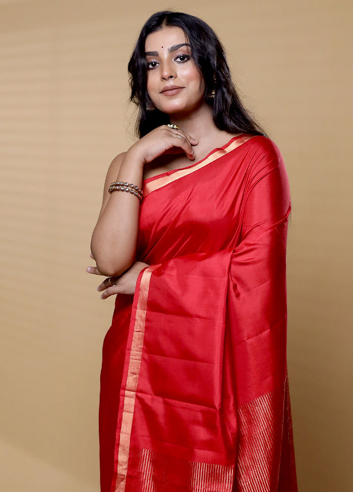 Red Handloom Kanjivaram Pure Silk Saree With Blouse Piece