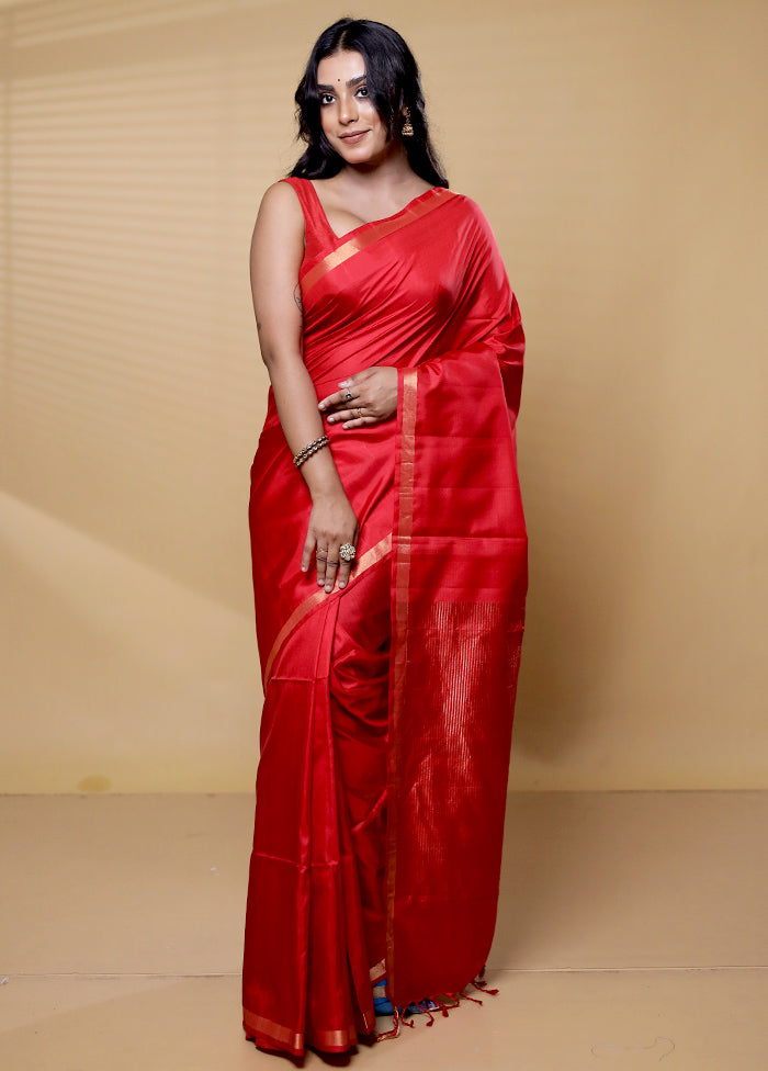 Red Handloom Kanjivaram Pure Silk Saree With Blouse Piece