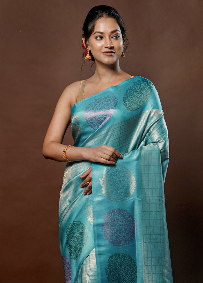 Blue Dupion Silk Saree With Blouse Piece