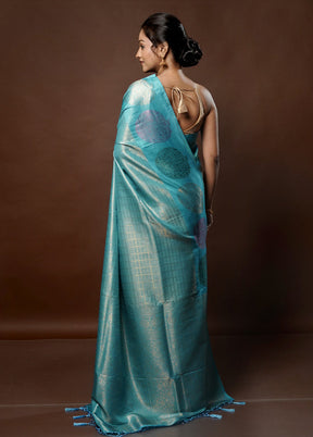 Blue Dupion Silk Saree With Blouse Piece