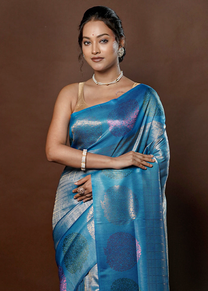 Blue Dupion Silk Saree With Blouse Piece