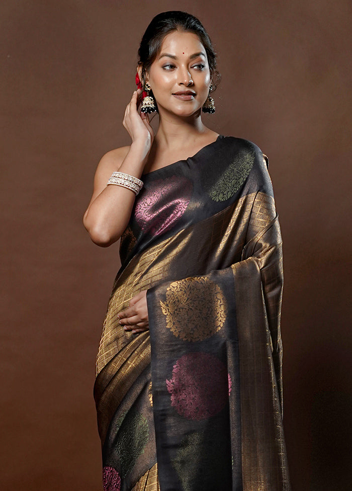 Black Dupion Silk Saree With Blouse Piece - Indian Silk House Agencies