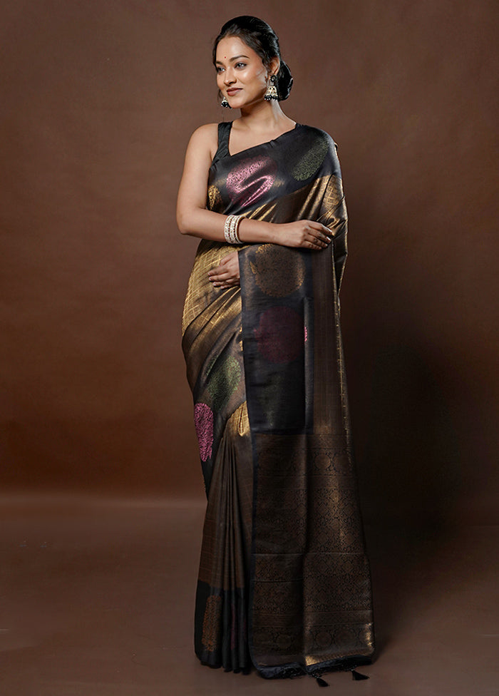 Black Dupion Silk Saree With Blouse Piece - Indian Silk House Agencies