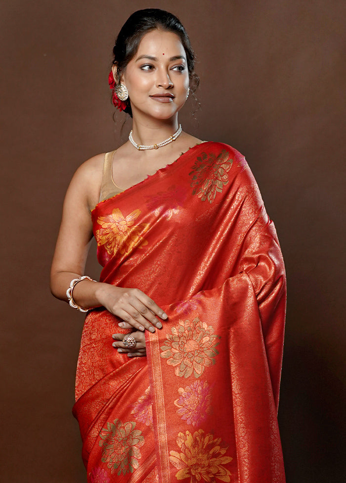 Red Dupion Silk Saree With Blouse Piece