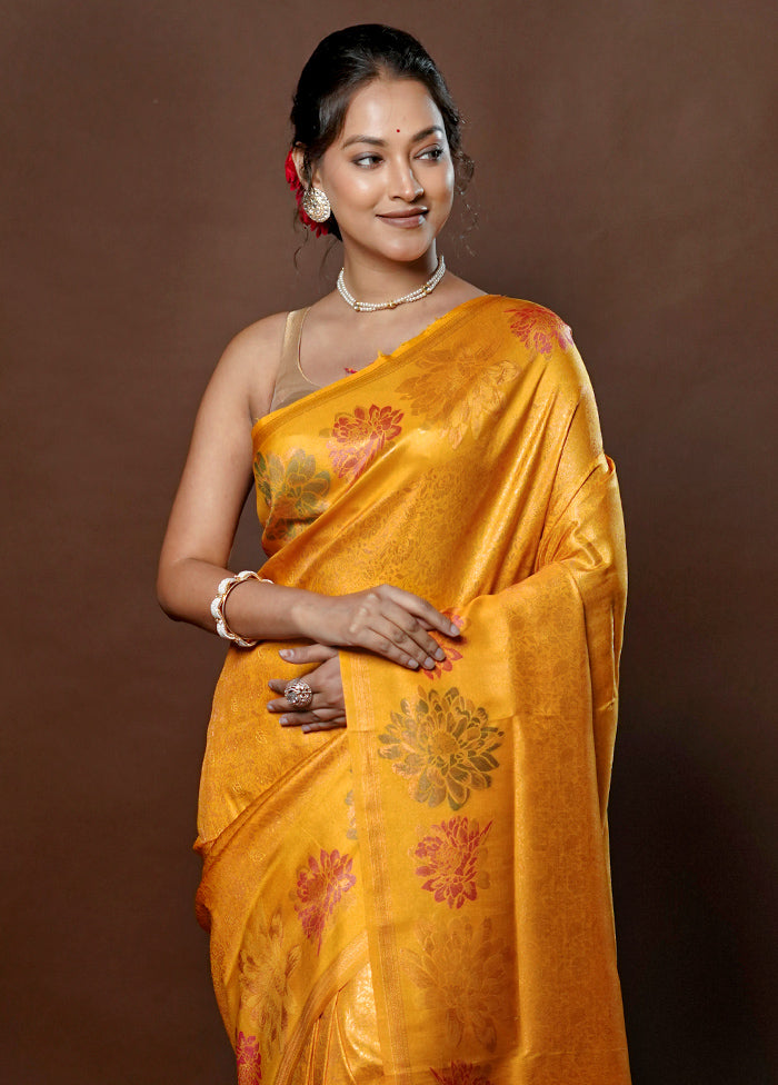 Yellow Dupion Silk Saree With Blouse Piece