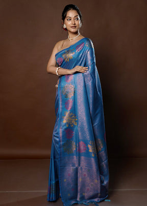 Blue Dupion Silk Saree With Blouse Piece