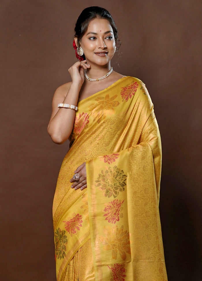 Yellow Dupion Silk Saree With Blouse Piece