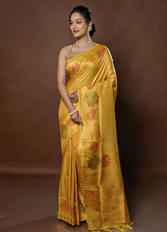 Yellow Dupion Silk Saree With Blouse Piece