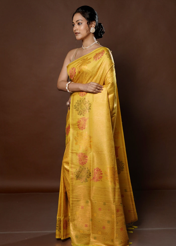 Yellow Dupion Silk Saree With Blouse Piece