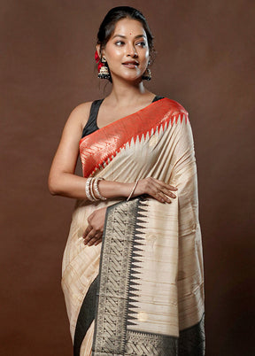 Cream Tussar Silk Saree With Blouse Piece - Indian Silk House Agencies