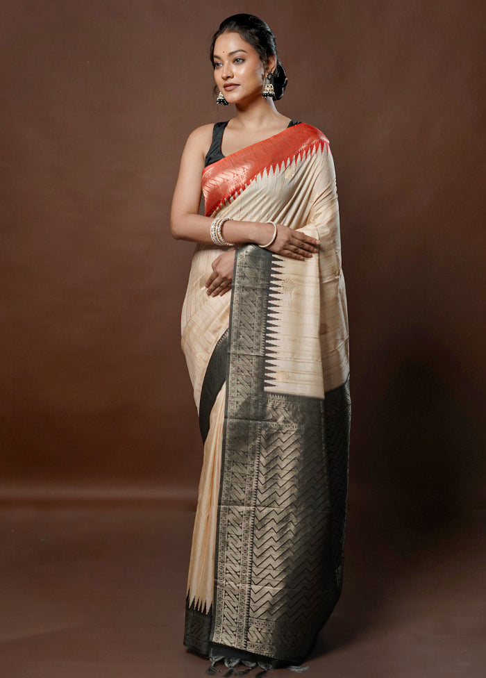 Cream Tussar Silk Saree With Blouse Piece - Indian Silk House Agencies