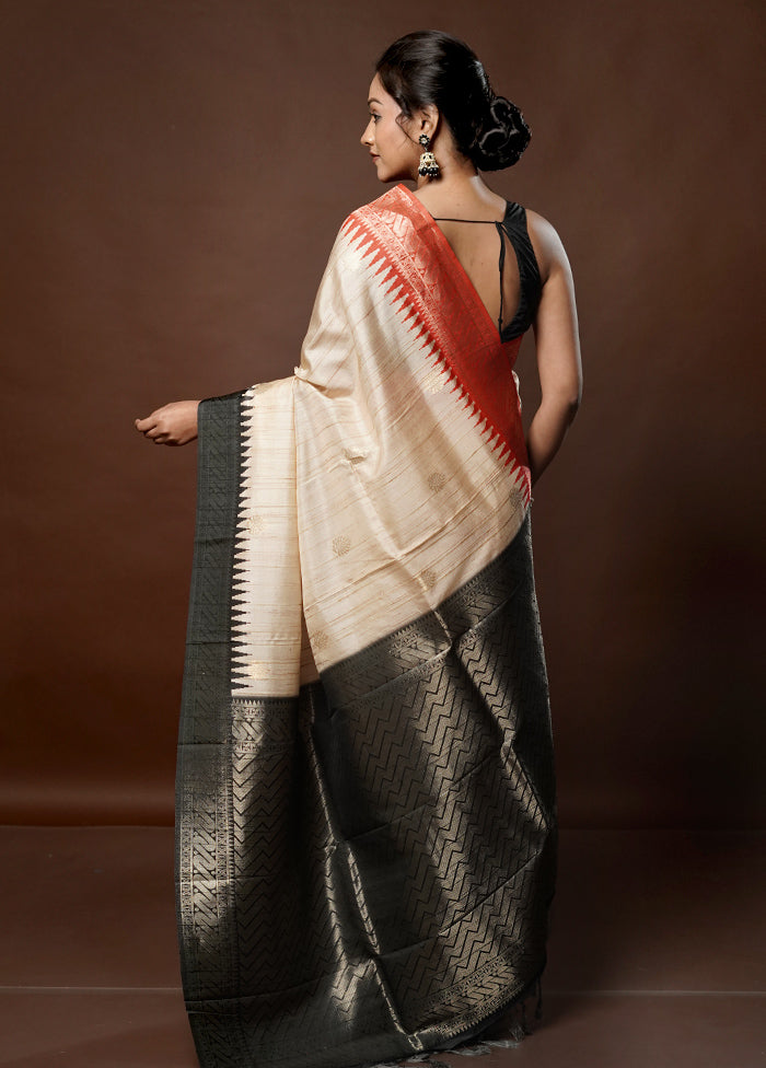 Cream Tussar Silk Saree With Blouse Piece - Indian Silk House Agencies