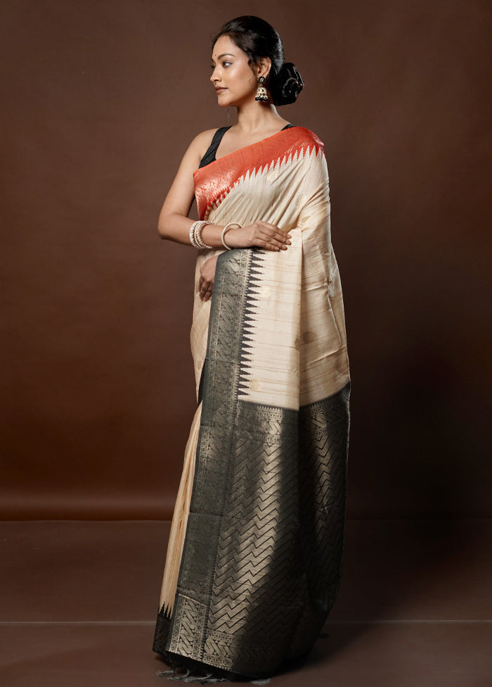 Cream Tussar Silk Saree With Blouse Piece - Indian Silk House Agencies