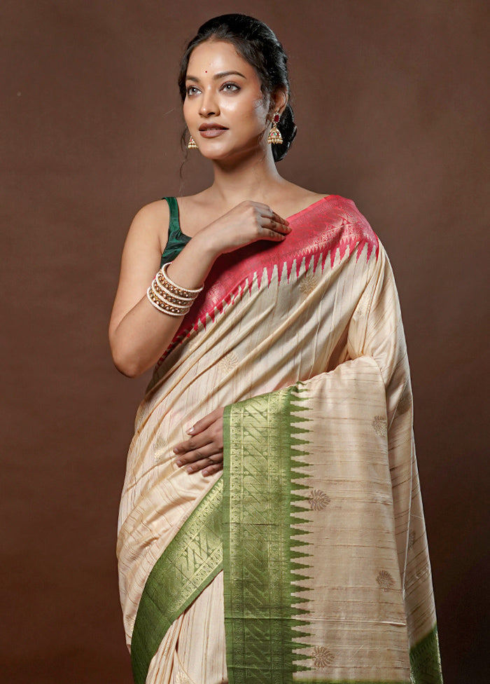 Cream Tussar Silk Saree With Blouse Piece - Indian Silk House Agencies