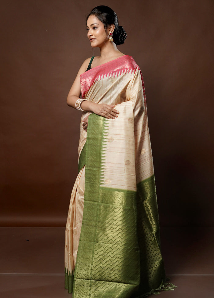 Cream Tussar Silk Saree With Blouse Piece - Indian Silk House Agencies