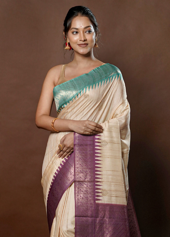 Cream Tussar Silk Saree With Blouse Piece - Indian Silk House Agencies