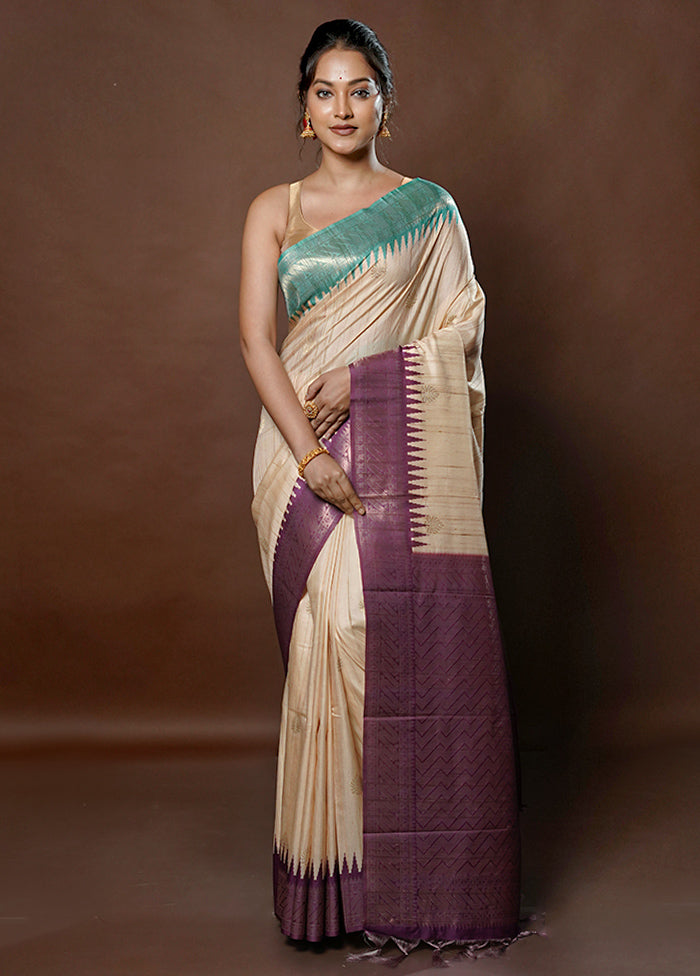 Cream Tussar Silk Saree With Blouse Piece