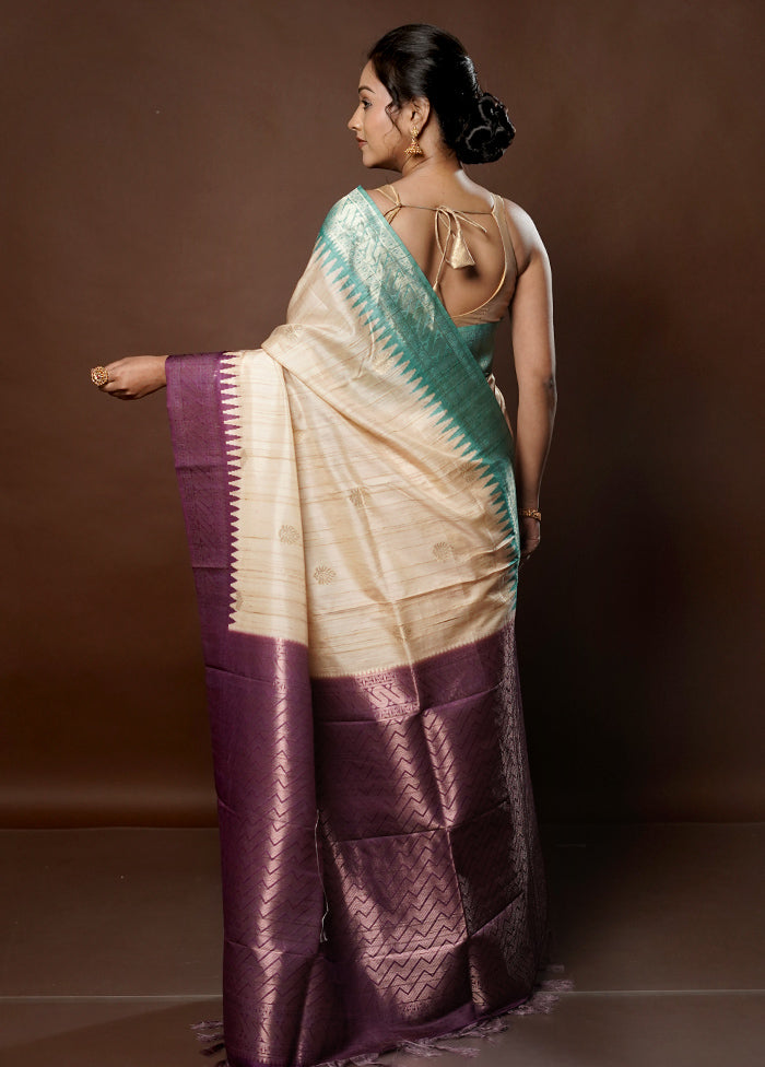 Cream Tussar Silk Saree With Blouse Piece