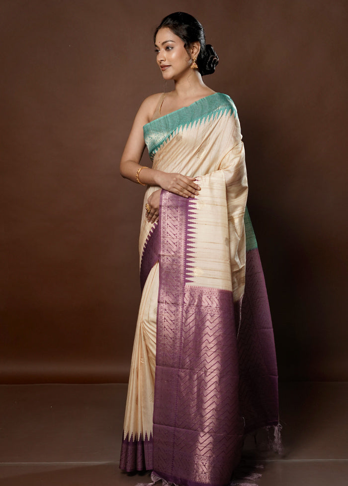 Cream Tussar Silk Saree With Blouse Piece - Indian Silk House Agencies