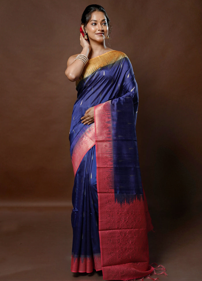 Blue Tussar Silk Saree With Blouse Piece