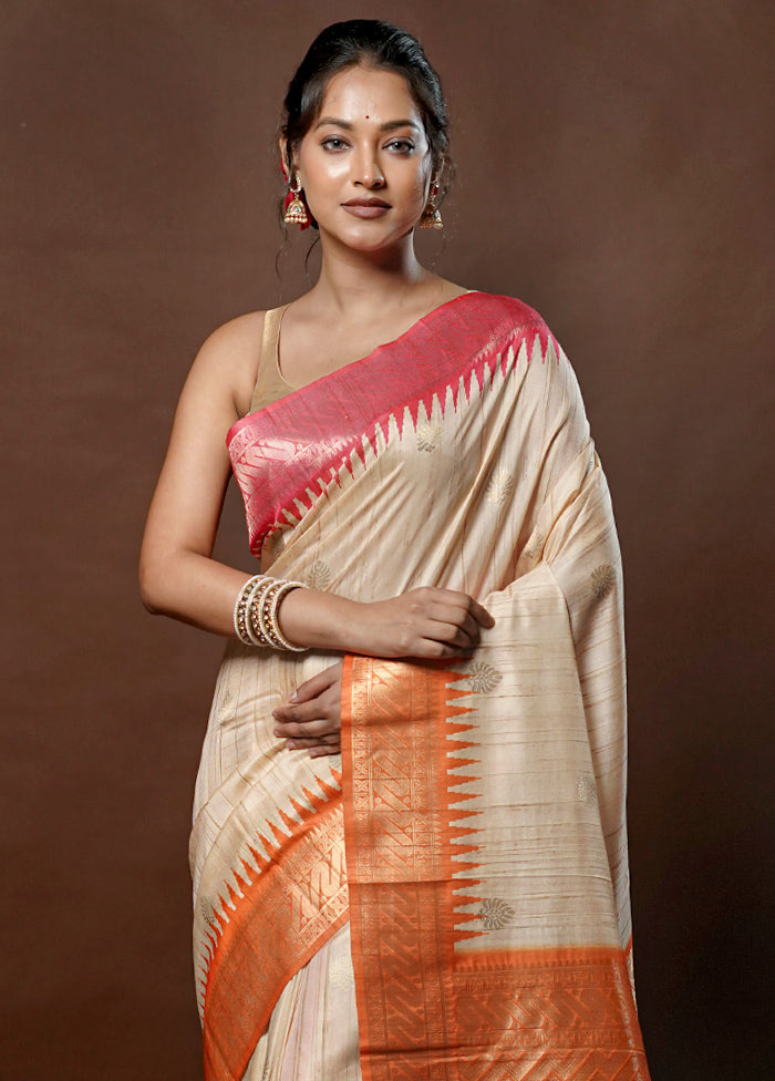 Cream Tussar Silk Saree With Blouse Piece