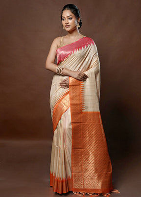 Cream Tussar Silk Saree With Blouse Piece