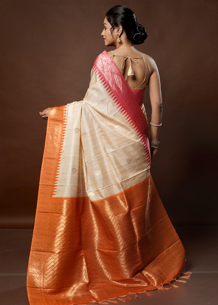 Cream Tussar Silk Saree With Blouse Piece