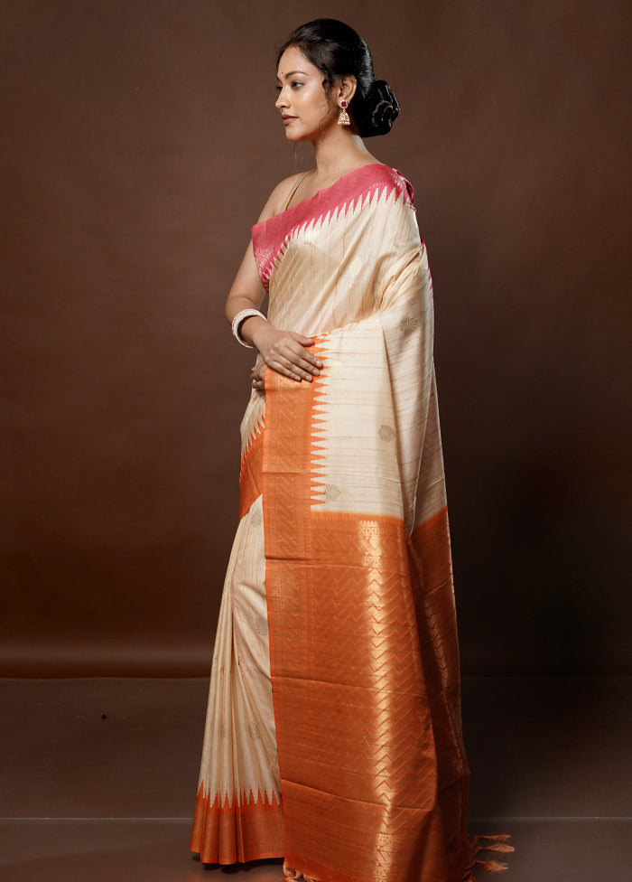 Cream Tussar Silk Saree With Blouse Piece