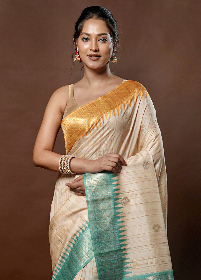 Cream Tussar Silk Saree With Blouse Piece