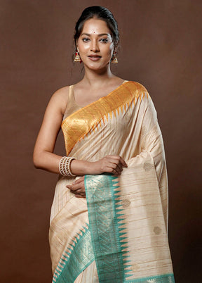 Cream Tussar Silk Saree With Blouse Piece - Indian Silk House Agencies