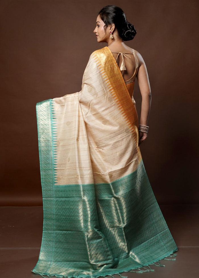 Cream Tussar Silk Saree With Blouse Piece