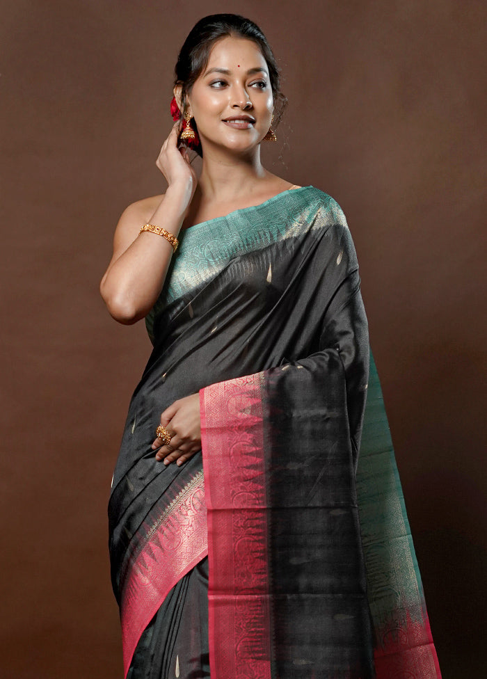 Black Tussar Silk Saree With Blouse Piece