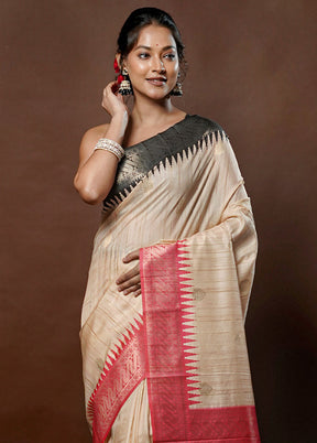 Cream Tussar Silk Saree With Blouse Piece - Indian Silk House Agencies