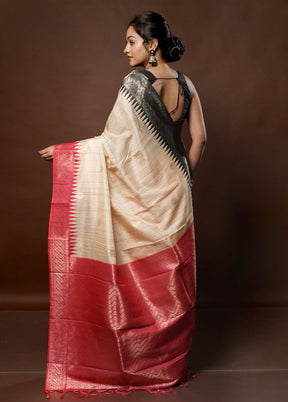 Cream Tussar Silk Saree With Blouse Piece