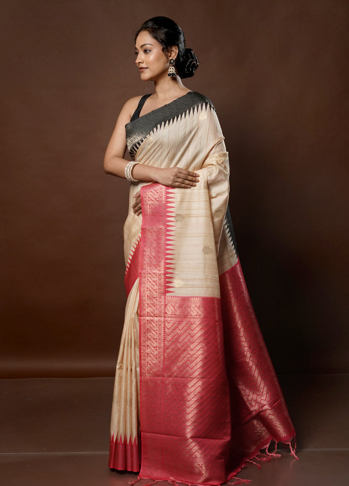 Cream Tussar Silk Saree With Blouse Piece - Indian Silk House Agencies